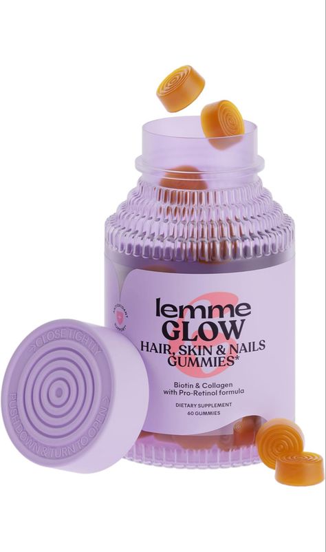 Title: Lemme Glow Collagen Hair Gummies
- Purpose: Promotes strong, thick hair & reduced shedding
- Ingredients: Multi-Collagen Peptides, Biotin, Trace Minerals, Zinc, Vitamins A, C & E
- Dietary Information: Dairy & Gluten Free
- Flavor: Peach
- Quantity: 60 count Lemme Gummies, Vitamins Gummies, Zinc Vitamins, Hair Gummies, Pale White Skin, Pretty Products, Glow Hair, Wishlist 2024, Trace Minerals