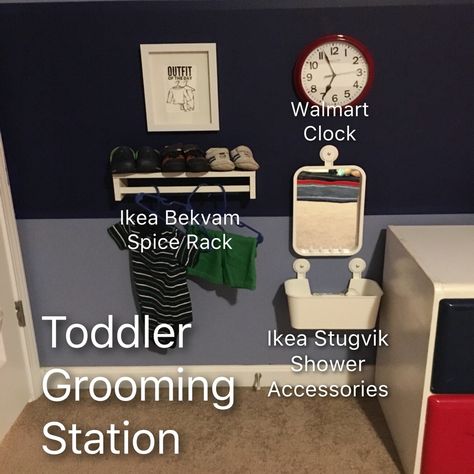 Montessori inspired toddler grooming station IKEA products Montessori Toddler Bedroom, Ikea Montessori, Montessori Toddler Rooms, Grooming Station, Montessori Principles, Montessori Infant Room, Montessori Teaching, Montessori Bedroom, Ikea Products