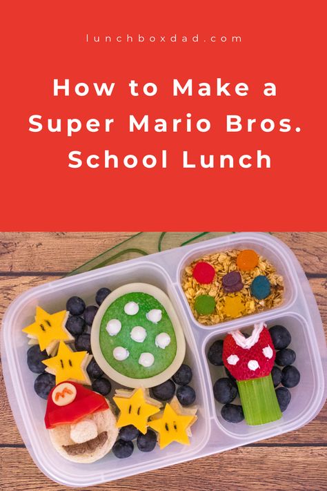 Mario Bento Lunch, Super Mario Lunch, Super Mario Lunch Ideas, Birthday School Lunch Ideas, Mario Lunch Ideas, Themed School Lunches, Super Mario Snacks, Themed Lunches For Kids, Super Mario Food Ideas