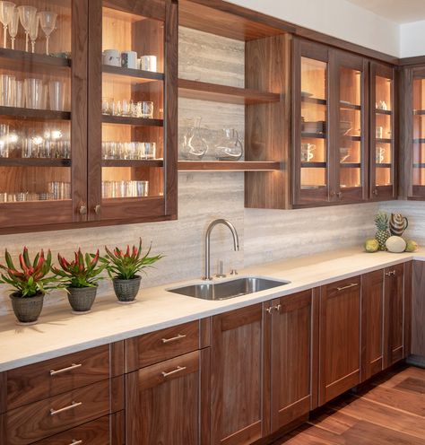 Natural Walnut Kitchen, Walnut Cabinets Kitchen, Modern Walnut Kitchen, Walnut Kitchen Cabinets, Organic Interior Design, Organic Modern Kitchen, Walnut Floating Shelves, Glass Kitchen Cabinet Doors, Walnut Kitchen