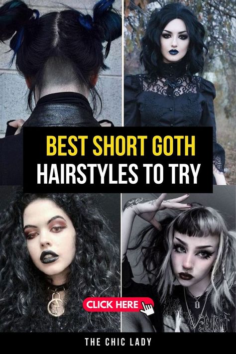 15 Unique Short Goth Hairstyles to Enhance Your Gothic Style Gothic Bob Hairstyle, Witchy Short Hair, Goth Hairstyles For Short Hair, Short Vampire Hair, Curly Edgy Hairstyles, Shoulder Length Alternative Hair, Short Witchy Hair, Gothic Updo Hairstyles, Goth Bob Haircut