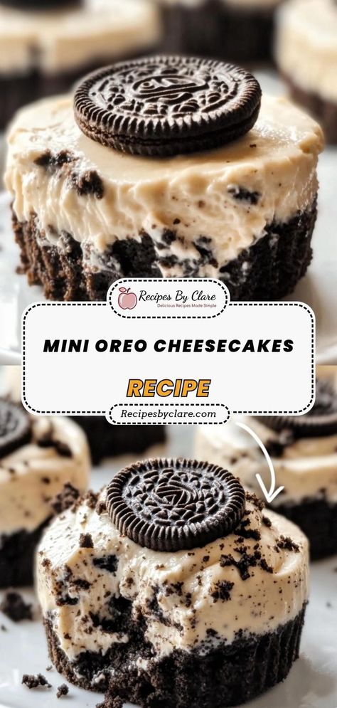 These Mini Oreo Cheesecakes are smooth, creamy, and filled with chunks of Oreos on top of an Oreo crust. A decadent dessert for Oreo and cheesecake lovers alike! Ingredients: 1 ½ cups crushed Oreo cookies 16 oz cream cheese ½ cup heavy cream 8 Oreo cookies, chopped A deliciously smooth cheesecake filling paired with a crunchy Oreo crust for the ultimate treat! Oreo Baked Cheesecake, Oreo Cheesecake Photography, Desserts With Oreo Cookies, Oreo Cheesecake Tacos, Oreo Cheesecake Crust, Oreo Dessert Recipes Easy, Cheesecake Photography, Smooth Cheesecake, Oreo Crust Cheesecake