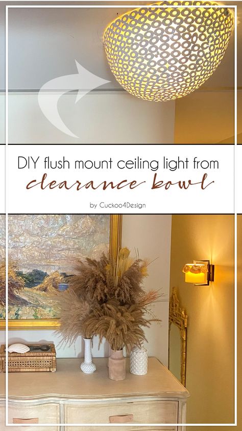 When I found a pretty metal bowl at Homegoods I knew I could turn it into a unique diy flush mount ceiling light | cheap flush mount ceiling fixture | how to cover up an ugly ceiling fixture | affordable lighting | how to make a flush mount ceiling fixture Diy Flush Mount Light Cover, Diy Flush Mount Light, Diy Ceiling Light Cover, Cover Ugly Light Fixture, Diy Ceiling Lamp, Light Fixture Makeover, Small Light Fixtures, Ceiling Lights Diy, Apartment Lighting