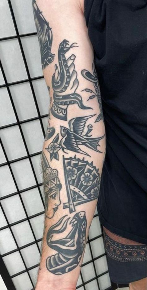 Men Arm Tattoo Ideas, Traditional Tattoo Gap Fillers, Traditional Arm Tattoo, Traditional Blackwork Tattoo, Traditional Tattoo Black And Grey, Traditional Black Tattoo, Optical Illusion Tattoos, Illusion Tattoos, Inner Bicep Tattoo