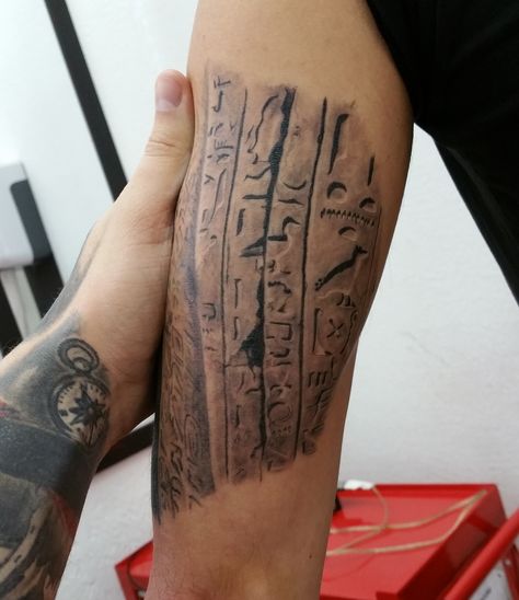 egyptian wall tattoo #mattinktattoo Egyptian God Khonshu Tattoo, Egyptian Hieroglyphics Tattoo, Egyptian Sleeve, Hieroglyphics Tattoo, Space Tattoo Sleeve, Gap Filler Tattoo, Pyramid Tattoo, Arm Tattoos Drawing, Egyptian Tattoo Sleeve