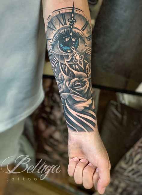 Clock With No Hands Tattoo, Eye Sleeve Tattoos For Men, Eye Clock Tattoo Design For Men, Clock With Eye Tattoo Design, Clock Tattoo Design For Men Arm, Clock Tattoo Design For Men Forearm, Eye And Clock Tattoo Design, Time Clock Tattoo For Men, Men Clock Tattoo Ideas