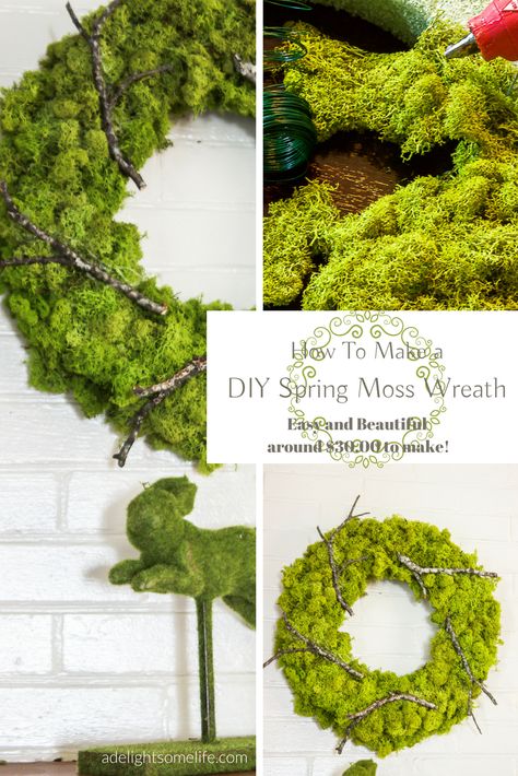 How to Make a DIY Moss Wreath for Spring or Summer Decor on A Delightsome Life Moss Wreath Ideas, Diy Moss Wreath, Moss Wreath Diy, Diy Moss, Mesh Ribbon Wreaths, Spring Table Settings, Dried Wreath, Moss Wreath, Straw Wreath