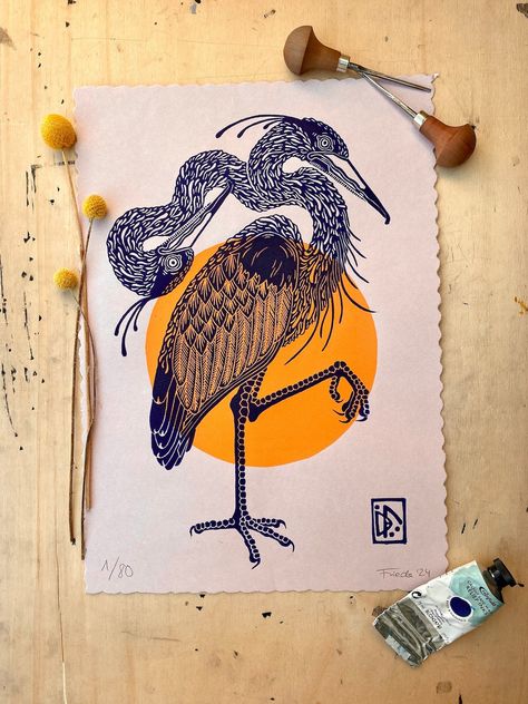 Two-headed Blue Heron Handmade Linocut Limited Edition Original Linoprint Bird Print A3 Size - Etsy Heron Illustration, Printmaking Linocut, Imperfect Art, King Tattoos, Relief Printing, A3 Size, Blue Heron, Symbolic Tattoos, Ink Stamps