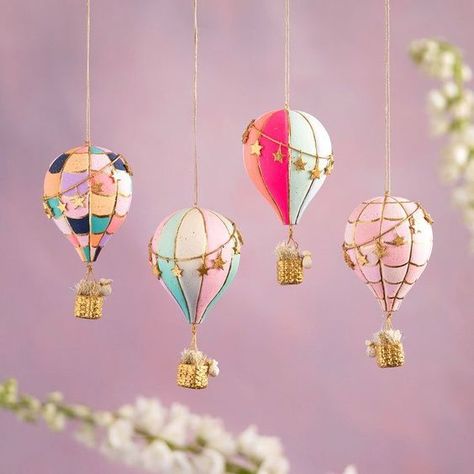 ♔ Lanternes de Papier ♔ Paper Lanterns Hot Air Balloon Ornament, Bottle Display, Hot Air Balloons, Air Balloons, Rainbow Stripes, Hot Air Balloon, Pink Christmas, Air Balloon, Merry And Bright