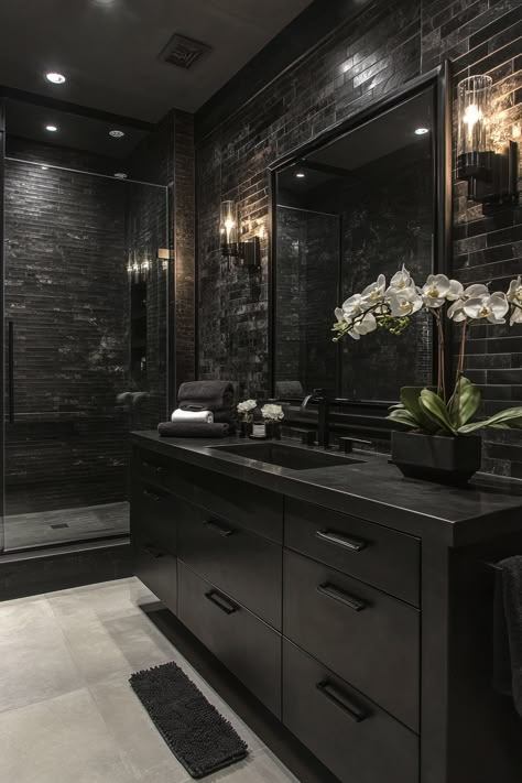 Transform your space with sleek, modern bathroom ideas featuring elegant black finishes and chic lighting. Discover the ultimate in comfort and style. Visit the article for 10 premium bathroom upgrades for a spa-like experience! #ModernBathroom #HomeDecor #SpaUpgrade Dark Bathroom Ideas Apartment, Guest Bathroom Dark Cabinets, Bathroom Inspo Black Countertop, Bathroom With Private Shower And Toilet, All Black Vanity, Black Interior Ideas, Vogue Bathroom Aesthetic, All Black Bathroom Decor, Black Grey Wood Bathroom