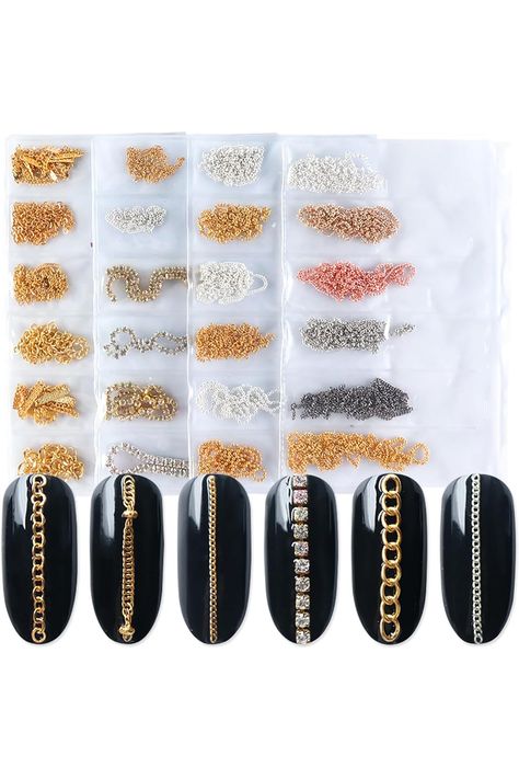 JERCLITY 4 Packs of 24 Strips Nail Chains for Nail Art Gold Silver Alloy Metal Nail Art Chains Gold Nail Charms Punk Nail Studs Jewelry Accessories for Women Nail Art Metal Nail Art, Nail Art Gold, Women Nail Art, Nail Studs, Skz Concert, Stripped Nails, Gold Nail, Studded Nails, Punk Nails