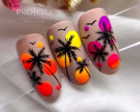 Fruit Acrylic Nails, Acrylic Nails Summer, Palm Tree Nail Art, Summer Nails Designs, Nail Polish Art Designs, Colors Nails, Nail Art Designs Images, Fourth Of July Nails, Art Deco Nails