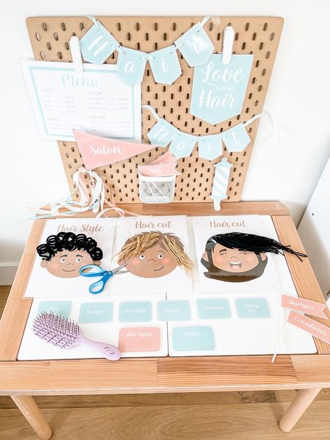 Hair nail salon printable activity kit sensory setup — Goodnight Fox Hair Salon Dramatic Play Kindergarten, Hair Salon For Kids, Hair Salon Dramatic Play, Salon Dramatic Play, Ikea Kids Playroom, Dramatic Play Activities, Kids Hair Salon, Preschool Activities At Home, Kids Activities At Home