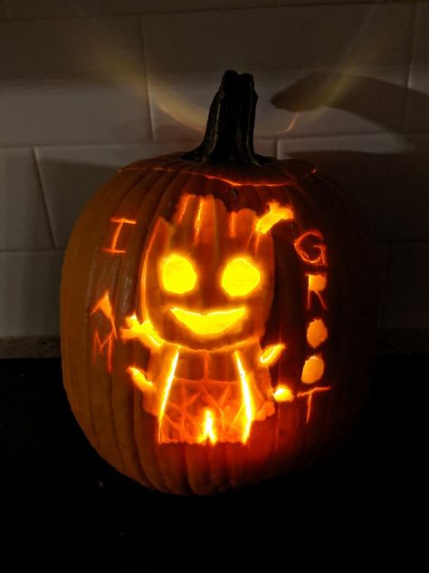 Baby Groot Halloween Jack-o'-lantern by Christina Crosland 2019 Groot Pumpkin, Marvel Pumpkin Carving, Guardians Of The Galaxy Halloween, Marvel Pumpkin, 3d Pumpkin Carving, Halloween Pumpkin Carving, Jack Lantern, 3d Pumpkin, Halloween Pumpkins Carvings