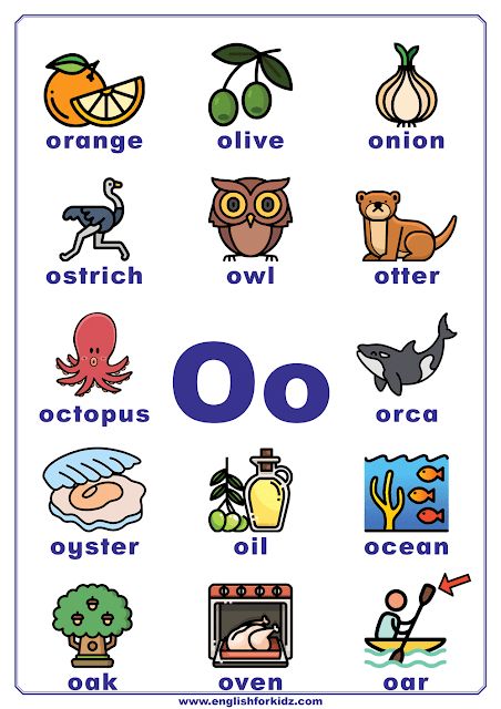 English alphabet poster to learn letter O Short O Words, Letter O Kindergarten, Letter O Preschool, E Words For Kids, O Letter, O Words Preschool, Letter O Flashcards, Letter O Worksheet, Letter O Words