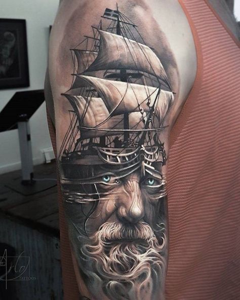 100 Boat Tattoo Designs Nordic Sleeve, Arlo Tattoo, Odin Tattoo, Boat Tattoo, Poseidon Tattoo, Hyper Realistic Tattoo, Pirate Tattoo, Nautical Tattoo, Mythology Tattoos