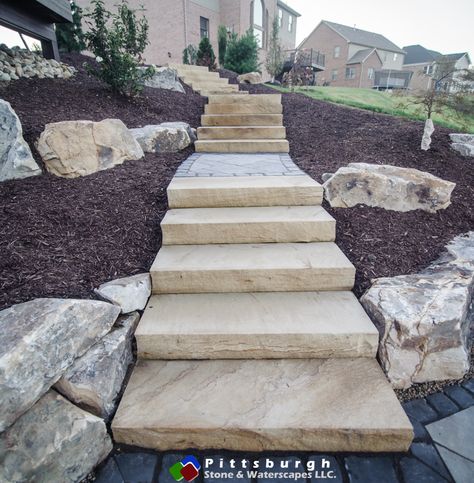 Sandstone Steps Entrance, Landscaping Around Deck Stairs, 80s Remodel, Sandstone Stairs, Natural Stone Stairs, Sandstone Steps, Landscaping Entrance, Landscape Ideas Front Yard Curb Appeal, Different Personality