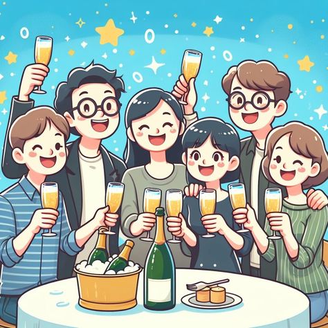 The image is a cartoon illustration of a group of people celebrating with drinks. There are five people in the image, all of whom are standing and holding glasses of champagne or beer. The people are clinking their glasses together in a toast. There is a bottle of champagne on the table in front of them. The people are all smiling and laughing, and they look like they are having a lot of fun. The background is a light blue color, and there are some stars and confetti floating around. Friend Group Art, People Celebrating, Party Cartoon, Bottle Of Champagne, Team Party, Friend Cartoon, Cartoon Photo, Group Art, A Group Of People