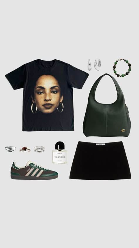 #sade #coach #darkgreen #brown #silver #chunkyjewellery #adidassambas #tankair #miniskirt #byredobiblioteque Coach Outfits, 70s Inspired Outfits, Chill Fits, Teenager Outfits, Brown Silver, Basic Outfits, Urban Outfits, Girly Outfits, Casual Style Outfits