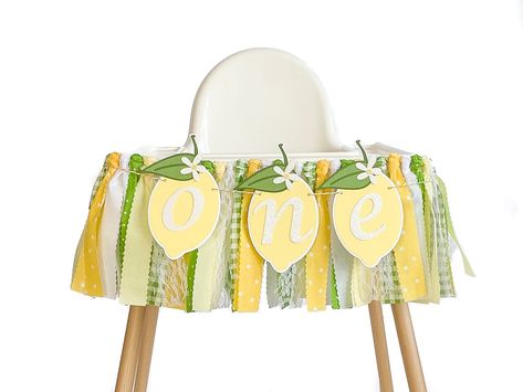 One Birthday High Chair Banner, Lemon First Birthday Theme, Fruit Theme Party, Lemonade 1st Birthday, Dinosaur Party Cupcakes, Lemon First Birthday, Lemon Banner, Cardstock Banner, First Birthday High Chair Banner