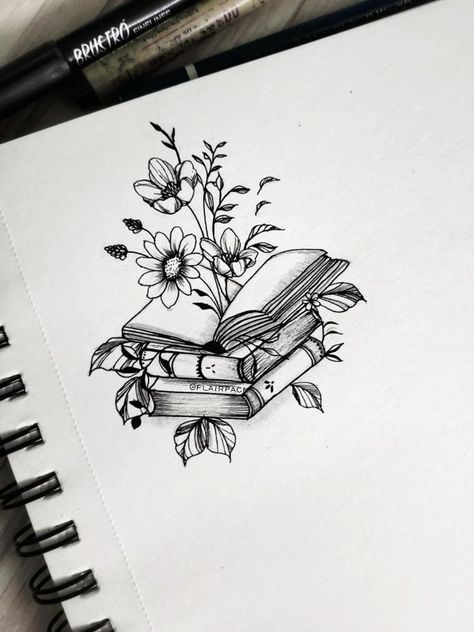 Books And Wildflowers Tattoo, Tattoos With Books And Flowers, Book And Flowers Drawing, Books And Butterflies Tattoo, Open Book Tattoo With Flowers, Book Music Tattoo, Beauty And The Beast Book Tattoo, Dainty Bookish Tattoos, Butterfly Book Tattoo