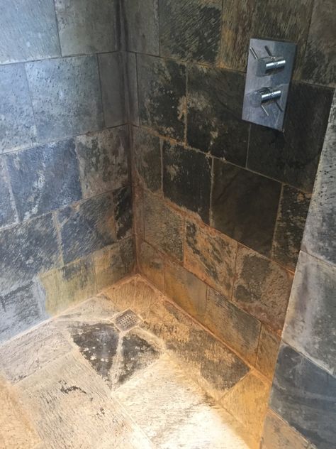 Slate Tiled Shower in Wantage Before Cleaning Cleaning Stone Shower Tile, How To Clean Slate Tile, Slate Shower Tile, Slate Bathroom Tile, River Rock Shower, Slate Bathroom, Slate Shower, Deep Clean Bathroom, Stone Shower