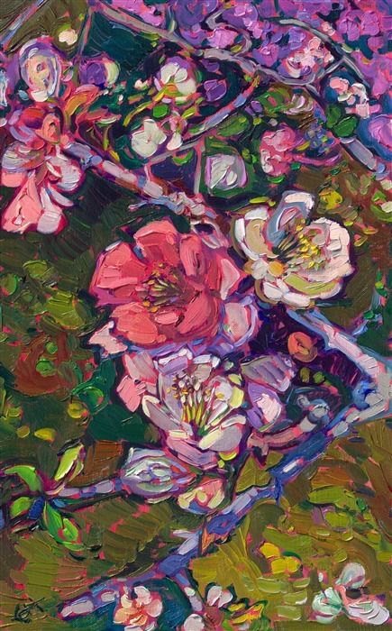 Pink quince flowers blossom on a branch Japanese Inspired Painting, Cherry Blossoms In Japan, Cherry Blossom Wall Art, Flowering Quince, Cherry Blossom Painting, Cherry Blossom Japan, Erin Hanson, Contemporary Impressionism, Leaves Art