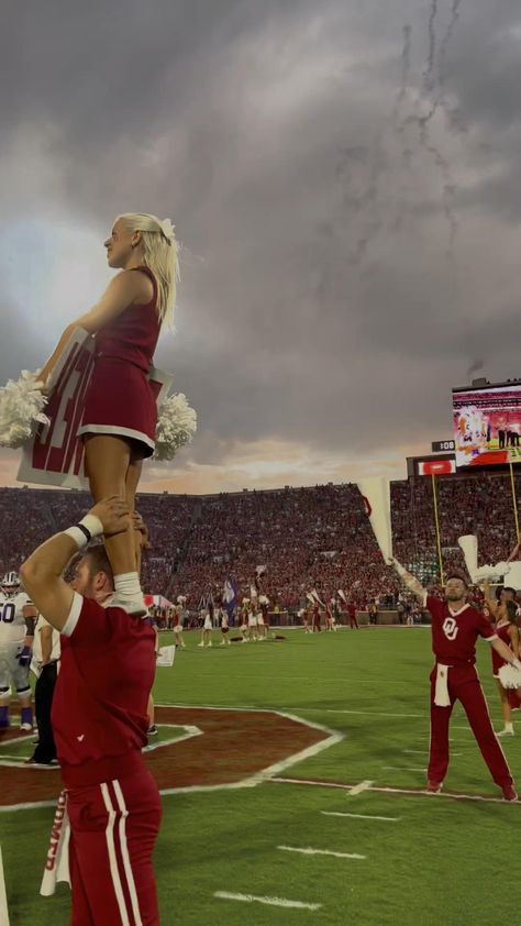 Cheer | cheer uniform | college game day outfit college football Oklahoma OU university of Oklahoma cheerleader Game Day Outfit College, College Game Day Outfit, Cheer Goals, Oklahoma University, College Cheerleading, College Game Day, Ou Football, Outfit College, The University Of Oklahoma