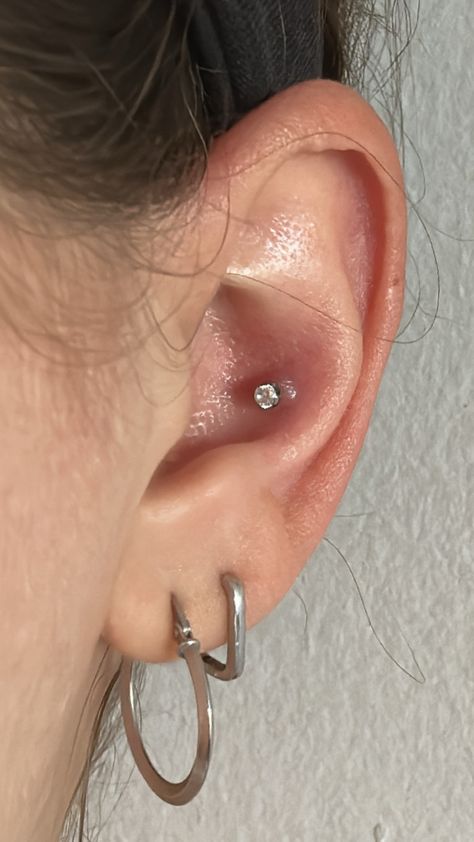 Conch Piercing, diamond, flat back stud Conch Piercing Small Ear, Conch And Double Lobe Piercing, Ear Piercing Orbital, Ear Conch Piercings, Stud Conch Piercing, Silver Conch Piercing, Lobe And Conch Piercing, Conch And Daith Piercing, Conch And Tragus Piercing