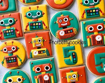 Sugar cookies | Etsy Robot Cookies, Pink Dessert Tables, Robot Cake, Lego Birthday Cake, Robot Birthday Party, Novelty Birthday Cakes, Robot Party, Spring Cookies, Childrens Birthday Cakes