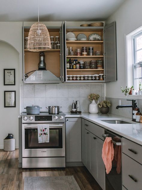 Small Cabinet Tweaks Helped This L-Shaped Kitchen Live Up to Its Potential Small L Shaped Kitchen, Kitchen No Upper Cabinets, No Upper Cabinets, Kitchen Plan, Cabinets Makeover, Grey Backsplash, Renovation Tips, Blue Kitchen Cabinets, Florida Homes