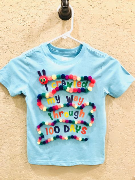 Easy DIY 100 Days of School Caterpillar shirt! 109 Days Of School Ideas, 100 Things On A Shirt, Easy 100th Day Of School Outfit, Preschool 100th Day Of School Shirt, 100 Days Pom Pom Shirt, 100 Things Shirt Ideas, Dot Day Shirt Ideas Kids Diy, 100 Days Shirt Ideas, Hundred Days Of School Shirt Ideas