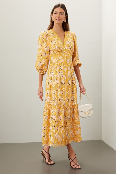 Shoshanna Yellow Eyelet Midi Dress Eyelet Midi Dress, Eternal Summer, Rent The Runway, Cotton Maxi, Closet Designs, White Sandals, Festival Dress, Shades Of Orange, Marks And Spencer