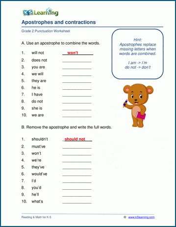 English Worksheets For Grade 2 Student, Apostrophe Worksheets Grade 2, Punctuation Worksheets 2nd Grade, K5 Learning Worksheets, Contractions Worksheet, Worksheets For Grade 2, Worksheet For Class 2, Preschool Poems, Punctuation Worksheets