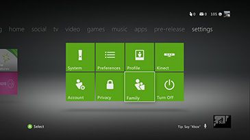 The Family tile is highlighted on the main Xbox settings screen. Frutiger Metro, Xbox 360 Console, Watching Television, Physical Inactivity, Limiting Screen Time, Xbox Console, Video Game Music, Xbox Controller, Video Setting