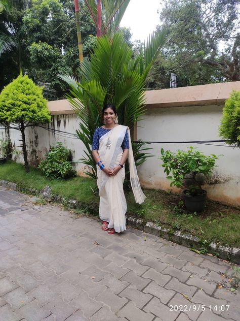 Indigo blouse with silver border kerala saree Indigo Blouse, Kerala Saree, Kerala, Lab Coat, Saree, Silver