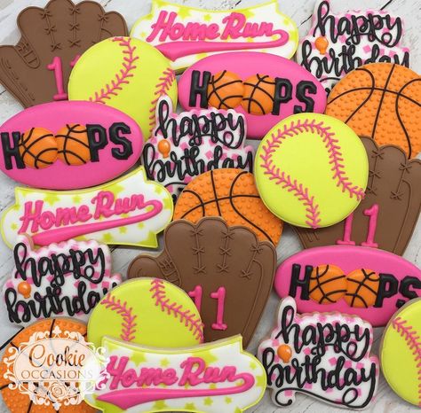 Softball Cookies, Sport Cookies, Softball Birthday Parties, Bday Cookies, Softball Birthday, Basketball Cookies, Camo Birthday Party, Sports Cookies, Graduation Party Desserts