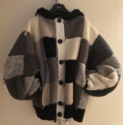 Another version of the cardigan in back, white and greys with a hood! Cardigans With Pockets, Grey Crochet Cardigan, Jacket Over Overalls, Crochet Sweater With Hood, Crochet Cardigan With Pockets, Knitted Cardigan Aesthetic, Black And White Crochet Cardigan, Grey Yarn Crochet Ideas, Grey Clothes Aesthetic