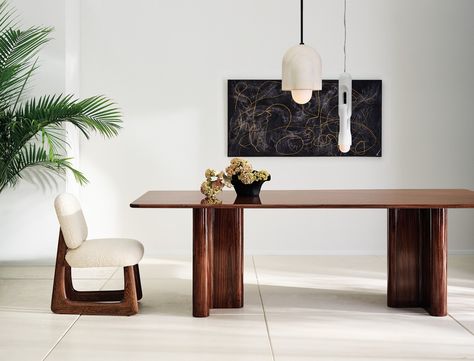 Photo 5 of 8 in These Heirloom-Quality Pieces From CB2 Are Designed With Longevity in Mind - Dwell Brazilian Modernism, Boucle Dining Chair, Dark Wood Dining Table, Brutalist Design, Long Dining Table, Dome Pendant Lighting, Sustainable Furniture, Modern Pendant Light, Modern Pendant