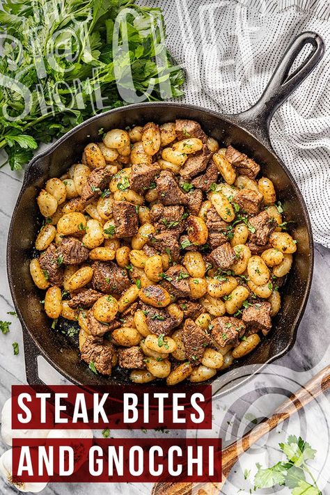 This image contains: A large pan of steak bites and gnocchi with fresh ingredients on the side Steak Bites And Gnocchi, Marinated Steak Bites, Quick Winter Dinner Recipes, Gnocchi Recipes Healthy, Steak Bites Recipe, Night Dinner Recipes, Steak And Mushrooms, Winter Dinner Recipes, Marinated Steak