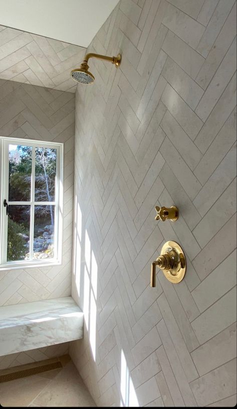 Grey Square Tile Bathroom, White Herringbone Tile Shower Wall, Neutral Herringbone Tile Bathroom, Cream Herringbone Tile Bathroom, Herringbone Shower Wall, Herringbone Shower Tile, Bathtub Tile Surround, Builder Upgrades, Herringbone Tile Bathroom