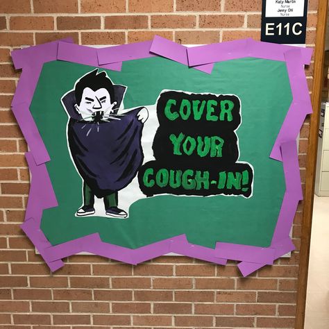 Halloween health room bulletin board. Cover your cough. Vampire. Vampire Bulletin Board, Goosebumps Bulletin Board, Halloween Consent Bulletin Board, Scary Halloween Bulletin Boards, Spooktacular Bulletin Boards, Room Bulletin Board, Bulletin Boards, Bulletin Board, Health