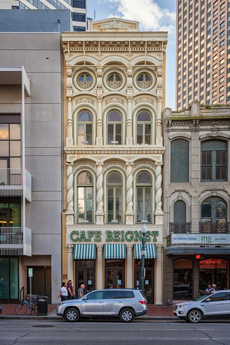 New Orleans Buildings French Quarter, New Orleans Canal Street, New Orleans Downtown, New Orleans Suburbs, New Orleans Store Fronts, New Orleans Buildings, Louisiana Aesthetic, Nola Architecture, New Orleans Cafe