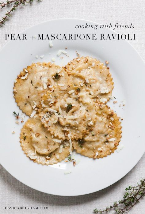 Dessert Ravioli Recipe, Pear Mascarpone, Ravioli Dough Recipe, Jessica Brigham, Fresh Ravioli, Pasta Entrees, Thyme Butter, Cooking With Friends, Ravioli Dough