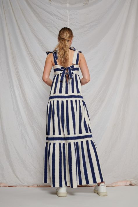 Porcelain Dress, Slow Clothing, Ikat Dress, Resort Fashion, New Delhi India, Stripe Outfits, Long Dress Casual, Ikat Fabric, Fashion Sewing Pattern