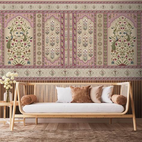 Imagine a majestic fort wall, its weathered surface now adorned with a vibrant tapestry of flowers. Delicate borders frame the scene, while intricate jharokas peek into a secret garden overflowing with colorful blooms. Sustainable Materials | Customised | Made in India For more designs, please see our Etsy Shop on https://lifencolorswallpaper.etsy.com SIZE: These are made as per wall size, minimum order size is 20 square feet (40 sqft if you wish to customise as per wall size). Please refer to s Indian Boho Interior Design, Ethnic Bedroom, Indian Wallpaper, Guest Bathroom Design, Indian Room, Fabric Wall Decor, Indian Interiors, Velvet Wallpaper, Indian Home Interior