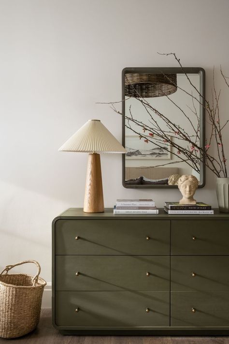 Studio McGee House Tour Mcgee Dresser, Studio Mcgee Dresser, Studio Mcgee House, Green Console Table, Mcgee House, Bedroom Console, Green Credenza, Mcgee Home, Shea Mcgee