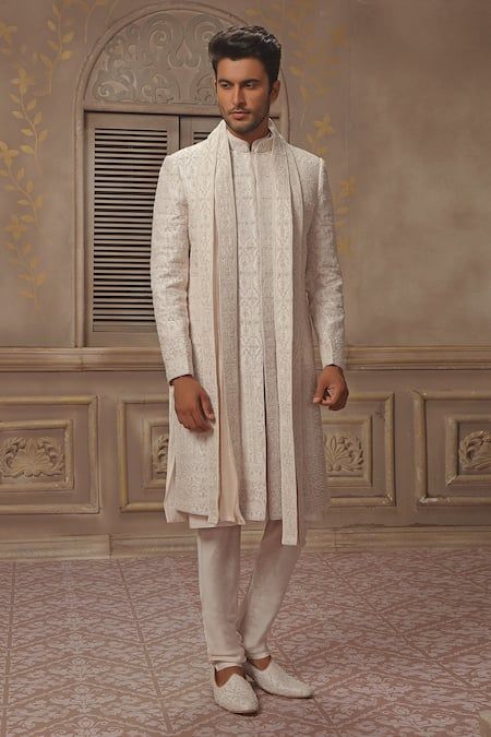 Buy Beige Raw Silk Embroidered Sherwani Set For Men by Vanshik Online at Aza Fashions. Dupatta Border, Embroidered Sherwani, Embellished Buttons, Sherwani Groom, Embroidered Motifs, Embellished Collar, Beige Silk, Embroidered Dupatta, Embroidered Neckline