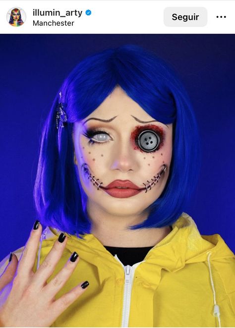 Movie Character Makeup, Halloween Coraline, Coraline Halloween Costume, Coraline Makeup, Disney Eye Makeup, Epic Halloween Costumes, Epic Ink Liner, Bottom Lashes, Creepy Halloween Makeup