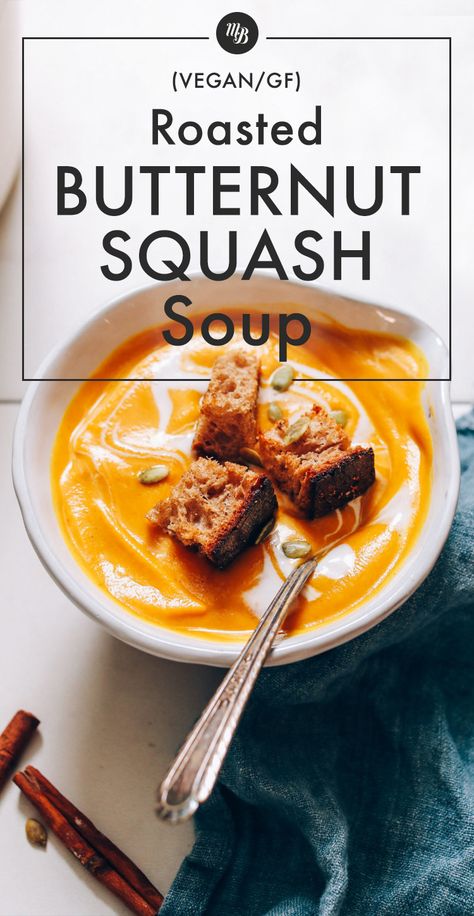 CREAMY Roasted Butternut Squash Soup! 10 simple ingredients, quick & easy, BIG flavor! #butternutsquash #plantbased #minimalistbaker #recipe #glutenfree Radicchio Salad, Roasted Butternut Squash Soup, Toasted Pumpkin Seeds, Vegan Soups, Squash Soup, Butternut Squash Soup, Roasted Butternut Squash, Roasted Butternut, Pantry Staples